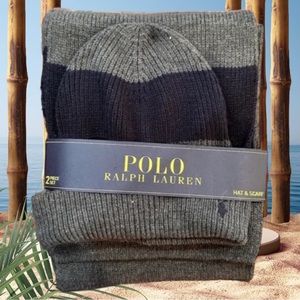 Polo Ralph Lauren PONY Hat & Scarf Set Ribbed Knit Navy / Grey 2 Piece Set.